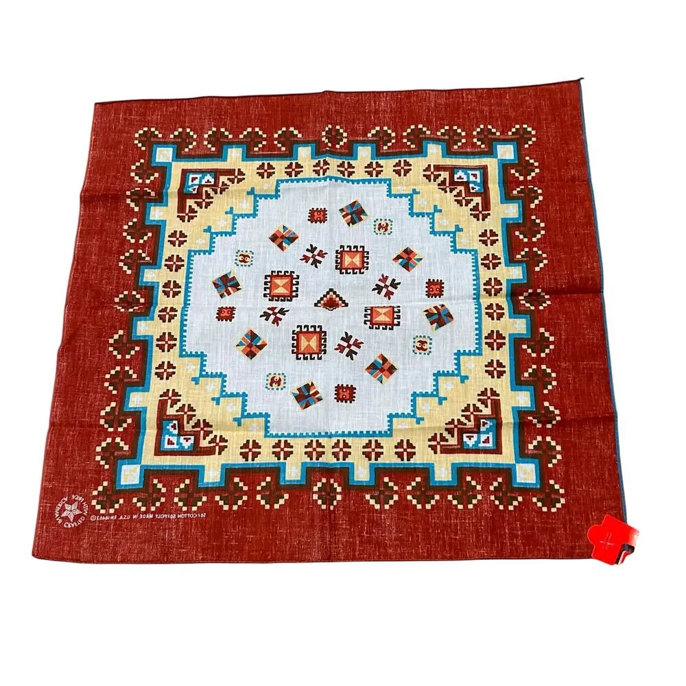 Vintage 1980s Deadstock Southwestern Bandana USA Made 21x22 Geometric Print -